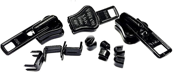 Zipper Repair Kit - #8 Vislon Black YKK Sliders - 3 Sliders Per Pack with Top and Bottom Stoppers Included - Made in The United States