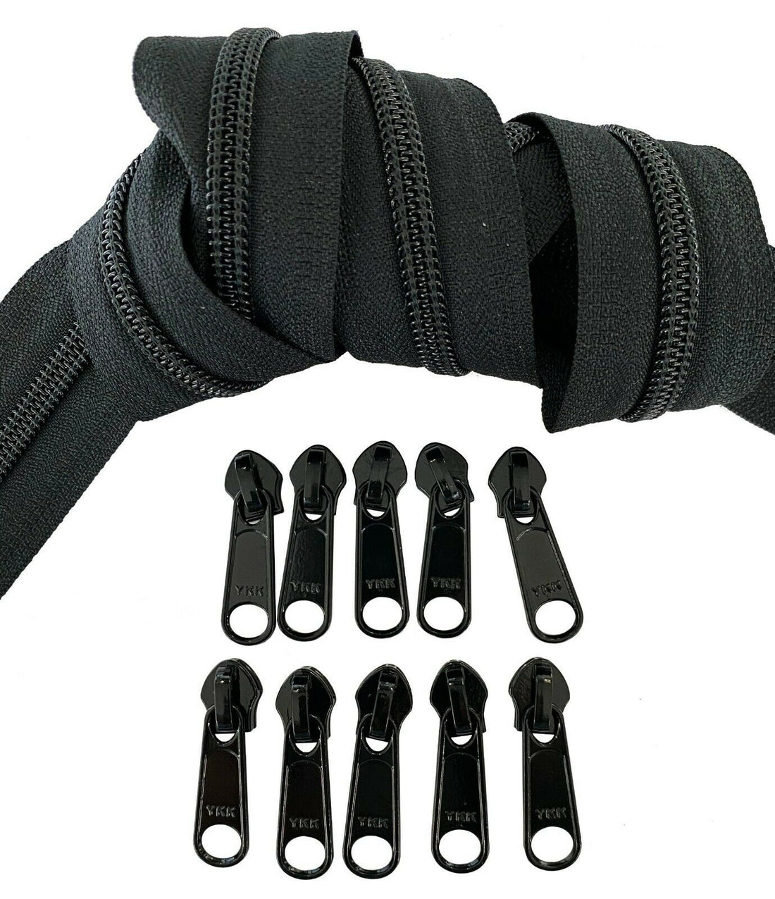 YKK CF Coil Zipper Black Chain Tape #3, #4.5, #5, #8 or #10 - Long Sliders / Stoppers