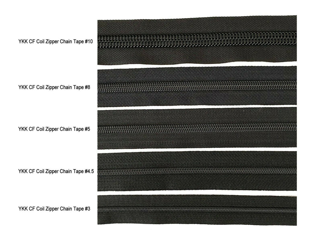 YKK CF Coil Zipper Black Chain Tape #3, #4.5, #5, #8 or #10 - Long Sliders / Stoppers