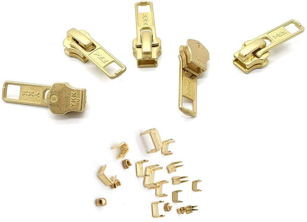 Zipper Repair Kit - #5 YKK Brass Auto Lock Sliders - 5 Sliders Per Pack with Top & Bottom Stoppers Included - Made in The United States