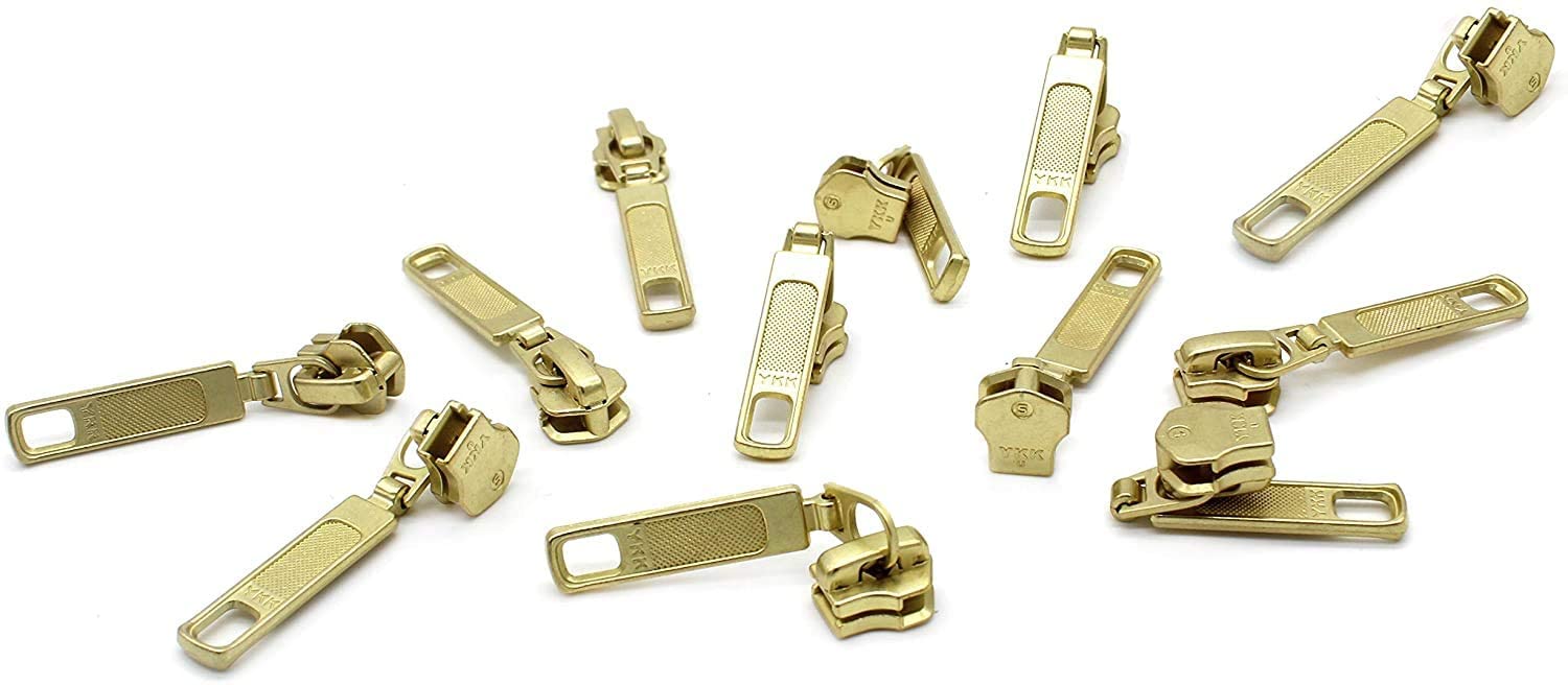 Zipper Repair Kit - #5 Brass YKK Zipper Pulls - Auto Locking Long Pull  Slider - Fancy Zipper Slider Replacement - 12 Pulls Per Pack - Made in The