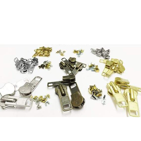 Zipper Repair Solution Kit Metal YKK® Assorted 29 Sets of #3, #4.5, #5,#10 Metal Sliders in Nickel,Brass, Antique Includes #3, #5, #10 Top -