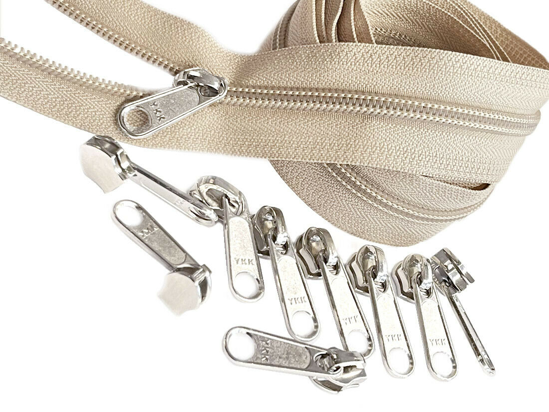 5 Zippers by the Yard Natural Tape - Silver (3yds + 12 Zipper Pulls) -  026404941916