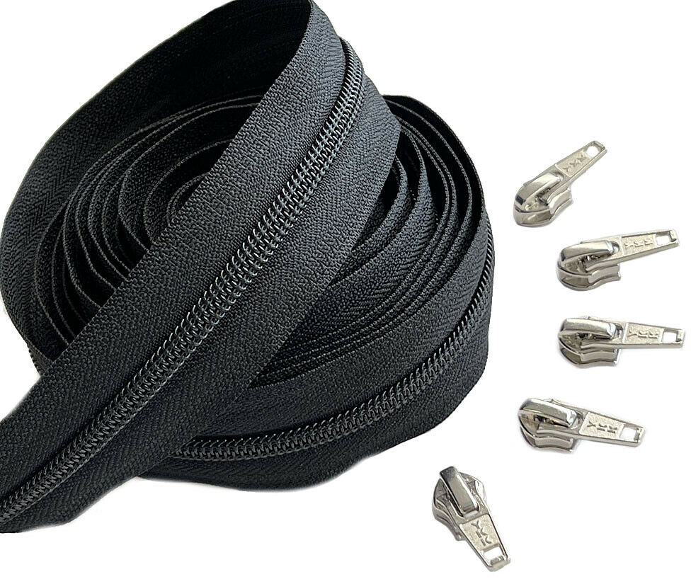 Size #3-YKK,#8 or #10 Black 4 yd Coil Zipper Chain Tape-by the yard & 8  Sliders