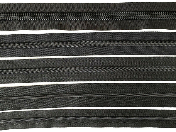 YKK CF Coil Zipper Black Chain Tape #3, #4.5, #5, #8 or #10 - Long Sliders / Stoppers