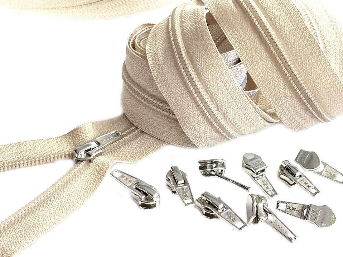 Size #5 Beige Zipper by the yard with silver coil & Zipper Pulls, #5 Nylon  Coil Zipper Kit
